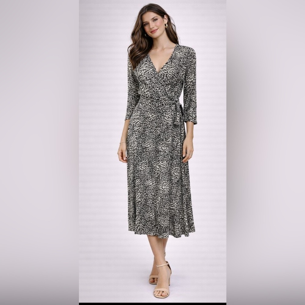 Talbots Midi Wrap Dress 10 Black Ivory 3/4 Long Sleeve Career NWT
